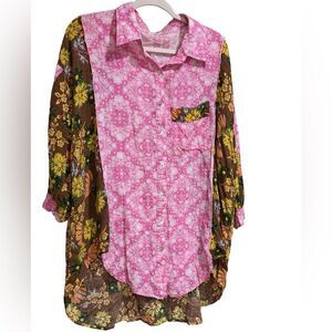 POL Patchwork Floral Button-Down Shirt – Women’s Size M